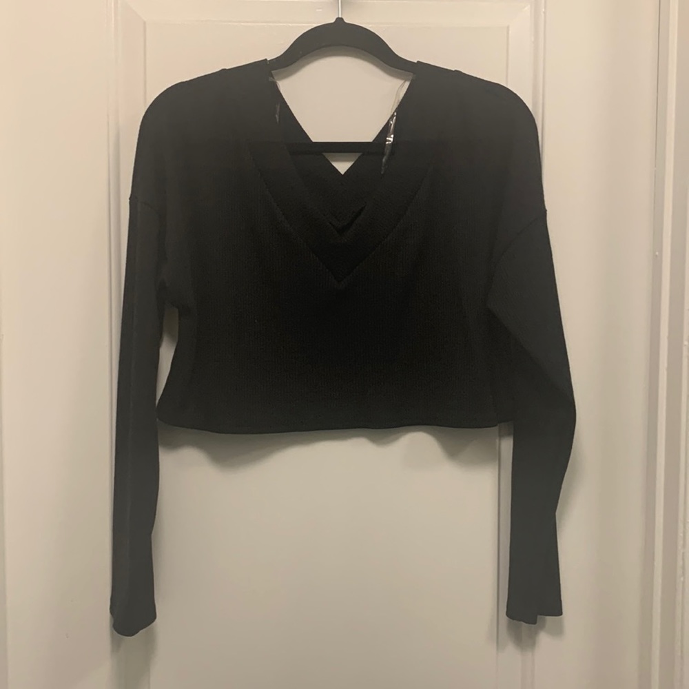 Rib Knit Crop Top Double V-Neck T-shirt